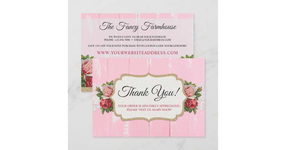 Shabby Chic Rustic Wood Pink Floral Thank You Card | Zazzle
