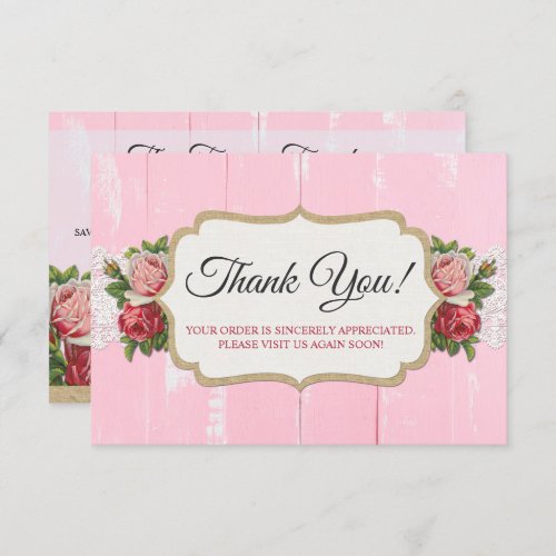 Shabby Chic Rustic Wood Pink Floral Thank You Card