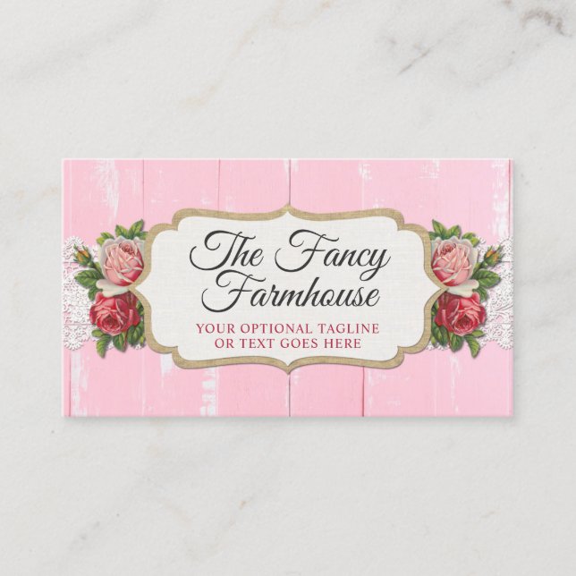 Shabby Chic Rustic Wood Pink Floral Vintage Roses Business Card (Front)