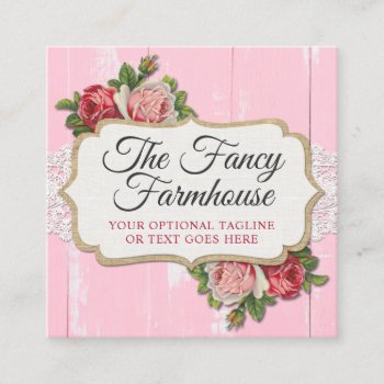 Shabby Chic Rustic Wood Pink Floral Vintage Roses Square Business Card by CyanSkyDesign at Zazzle