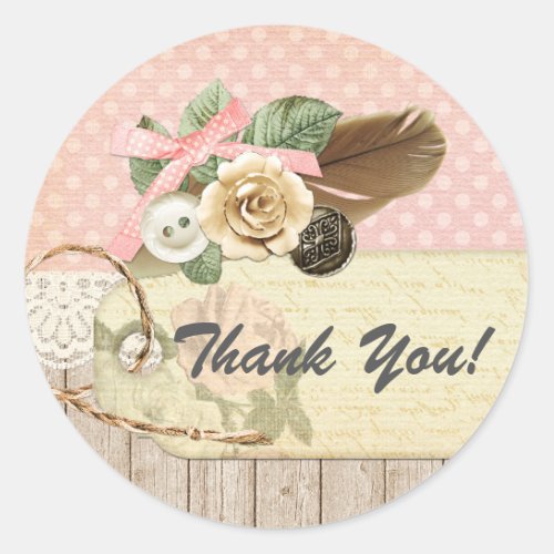 Shabby Chic Rustic Wood Vintage Craft Thank You Classic Round Sticker