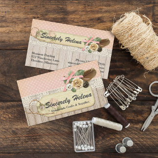 Shabby Chic Rustic Wood, Vintage Lace & Feather Business Card