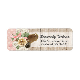 Shabby Chic Rustic Wood, Vintage Lace & Feather Label