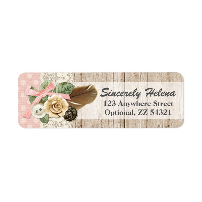 Shabby Chic Rustic Wood, Vintage Lace & Feather Label (Front)