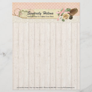 Shabby Chic Rustic Wood, Vintage Lace & Feather Letterhead