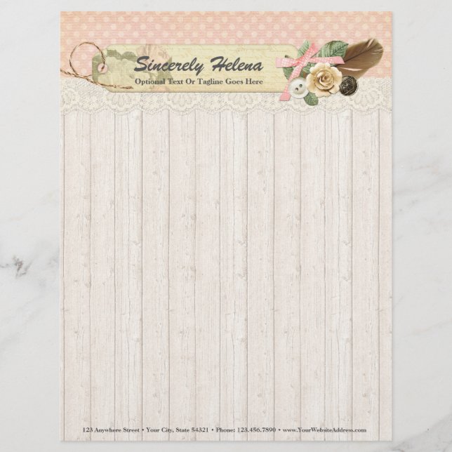 Shabby Chic Rustic Wood, Vintage Lace & Feather Letterhead (Front)