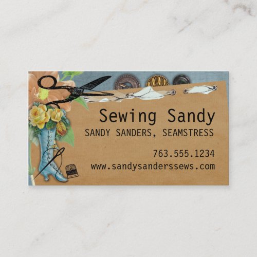 Shabby chic sewing boot scissors buttons biz cards