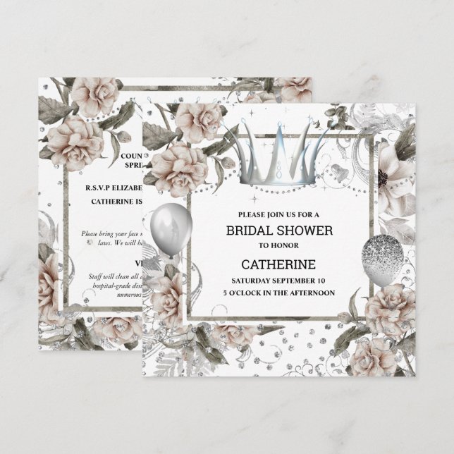 Shabby chic silver crown glitter rose country glam invitation (Front/Back)
