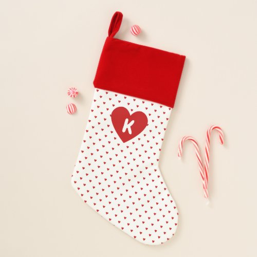 Shabby Chic Simple Red Hearts Pattern on White Christmas Stocking