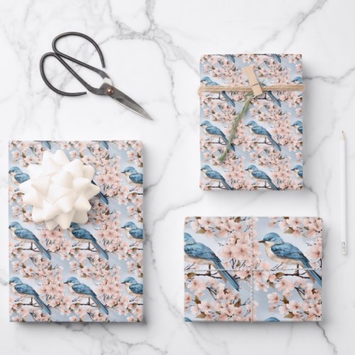 Shabby chic soft pink sakura spring blue birds wrapping paper sheets