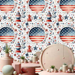 Shabby Chic Star Stripes Red Blue and White Pastel Wallpaper