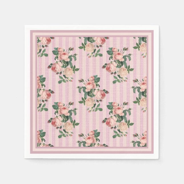 Shabby Chic Stripes and Blush Pink Roses   Napkins (Front)