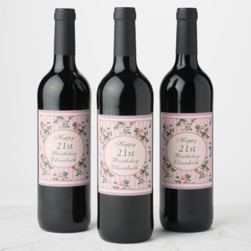 Shabby Chic Stripes and Blush Pink Roses   Napkins Wine Label