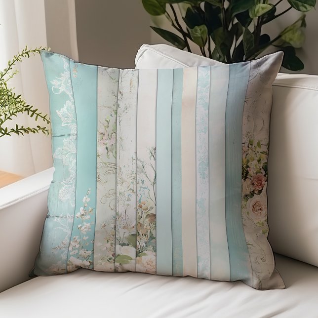 Shabby Chic Stripes Aqua Beige Throw Pillow (Creator Uploaded)