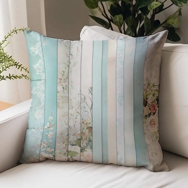 Shabby Chic Stripes Aqua Beige Throw Pillow (Creator Uploaded)