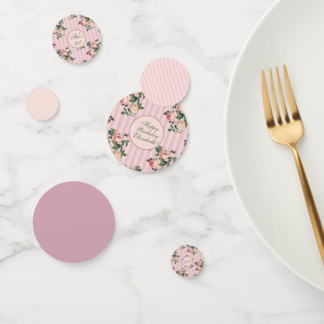 Shabby Chic Stripes, Pink Roses Birthday Table  Confetti (Group)