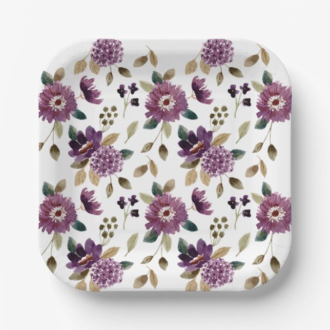Shabby Chic Summer  Flower Garden Purple Floral Paper Plates (Front)