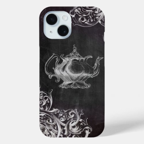 shabby chic swirls vintage tea pot chalkboard iPhone 15 case