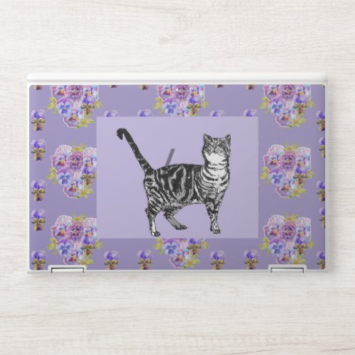 Shabby Chic Tabby Cat Purple Pansy Pastel Floral HP Laptop Skin