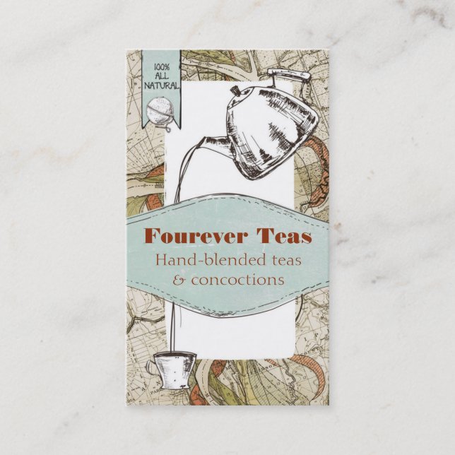 Shabby chic tea pouring teapot teacup old map business card (Front)