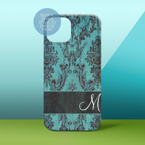 Shabby Chic Teal damask Pattern with Monogram iPhone 13 Case