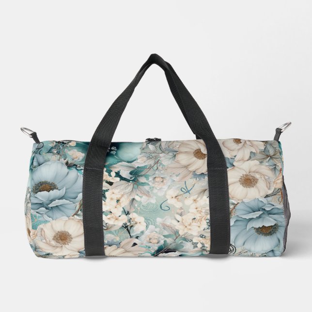 Shabby Chic Teal Pastel Floral Duffle Bag (Front)