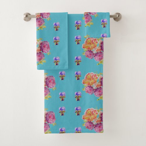 Shabby Chic Teal Roses Floral flowers Towel Set