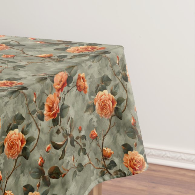 Shabby chic terracotta copper sage vintage roses tablecloth (In Situ)