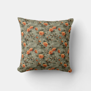Shabby chic terracotta vintage roses sage green throw pillow