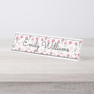 Shabby Chic Tiny Pretty Pink Roses White Feminine Desk Name Plate