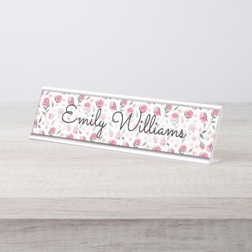 Shabby Chic Tiny Pretty Pink Roses White Feminine Desk Name Plate