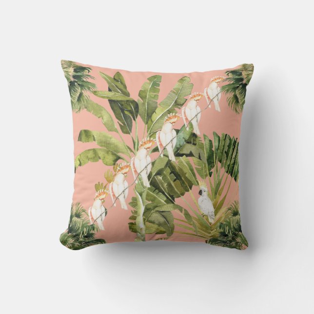 Shabby Chic Tropical Peach Fern Green Throw Pillow (Front)