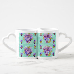 Shabby Chic Turquoise Aqua Pansy floral Coffee Mug Set