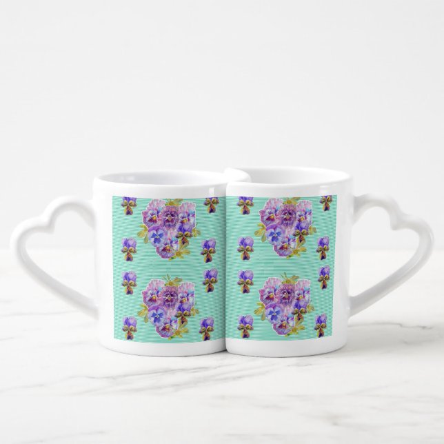 Shabby Chic Turquoise Aqua Pansy floral Coffee Mug Set (Front Nesting)