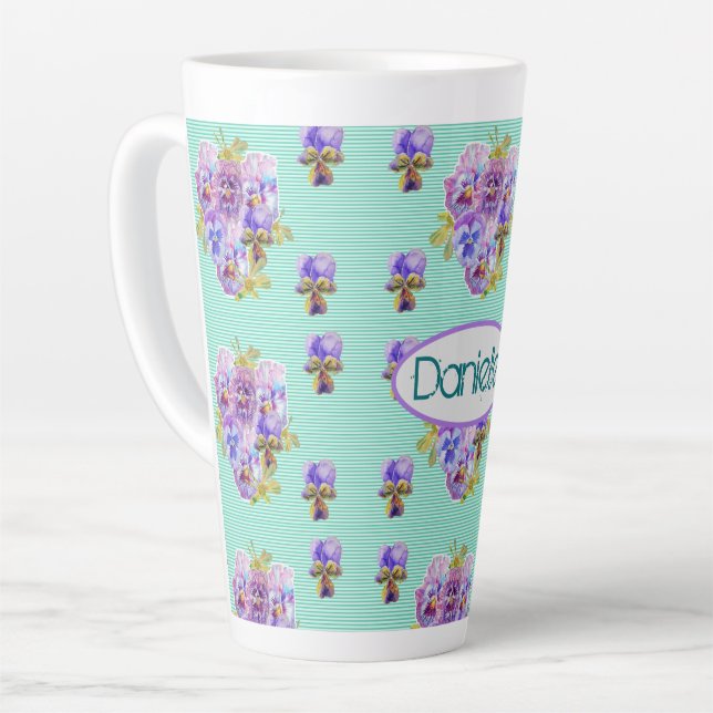 Shabby Chic Turquoise Aqua Pansy floral Latte Mug (Left Angle)