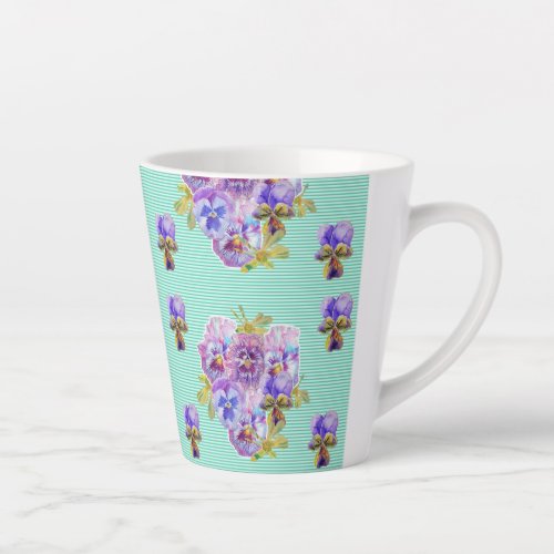 Shabby Chic Turquoise Aqua Pansy floral  Latte Mug