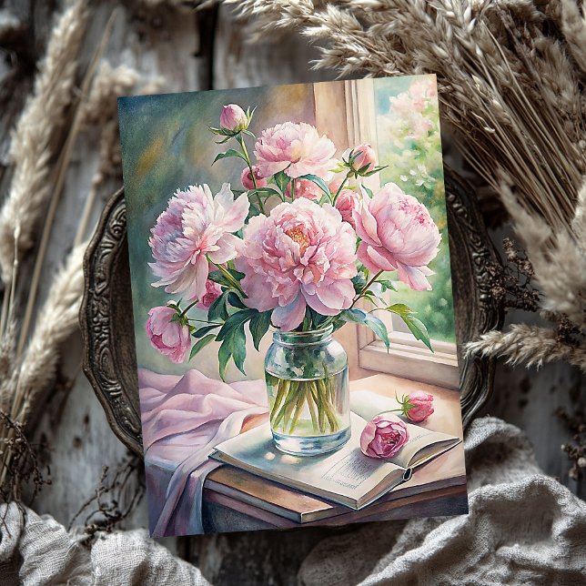 Shabby chic vase with pink peonies on table tissue paper (Shabby chic vase with pink peonies on table tissue paper)