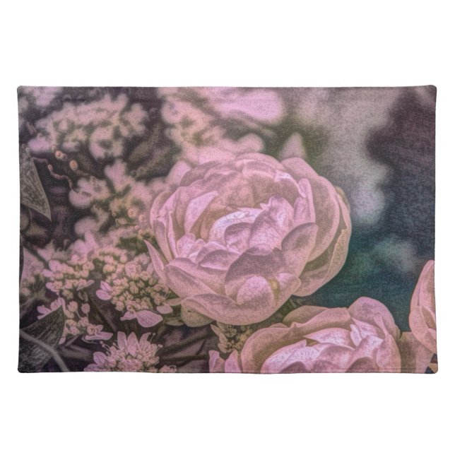 Shabby chic Victorian garden Bohemian pink Rose Cloth Placemat (Front)
