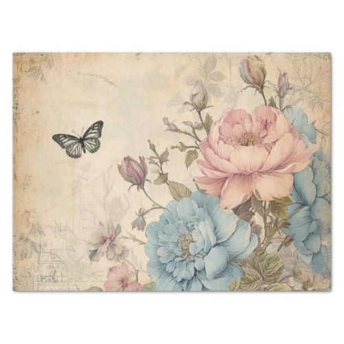 Shabby Chic Vintage Blush Blue Peonies Butterfly Tissue Paper
