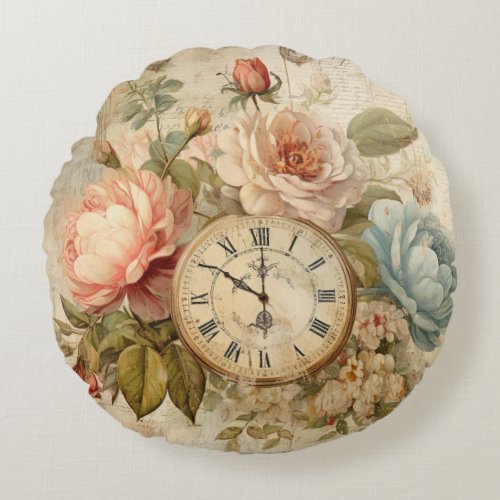 Shabby Chic Vintage Blush Blue Roses Floral Clock  Round Pillow