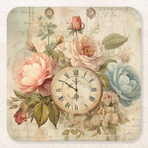 Shabby Chic Vintage Blush Blue Roses Floral Clock  Square Paper Coaster
