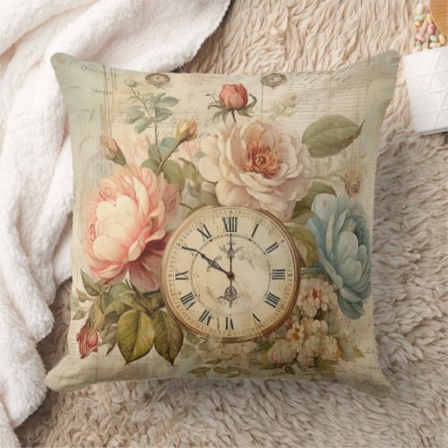 Shabby Chic Vintage Blush Blue Roses Floral Clock  Throw Pillow