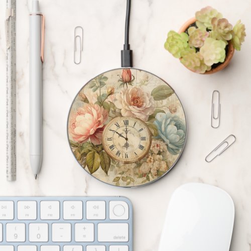 Shabby Chic Vintage Blush Blue Roses Floral Clock  Wireless Charger