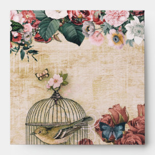 Shabby chic,vintage collage,birds,butterflies,flor envelope