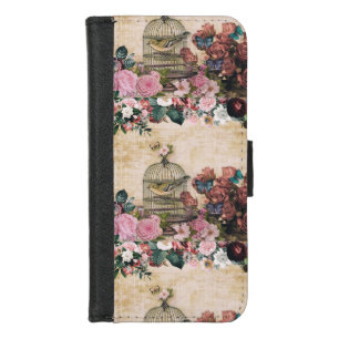 Shabby chic,vintage collage,birds,butterflies,flor iPhone 8/7 wallet case