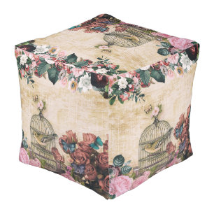 Shabby chic,vintage collage,birds,butterflies,flor pouf
