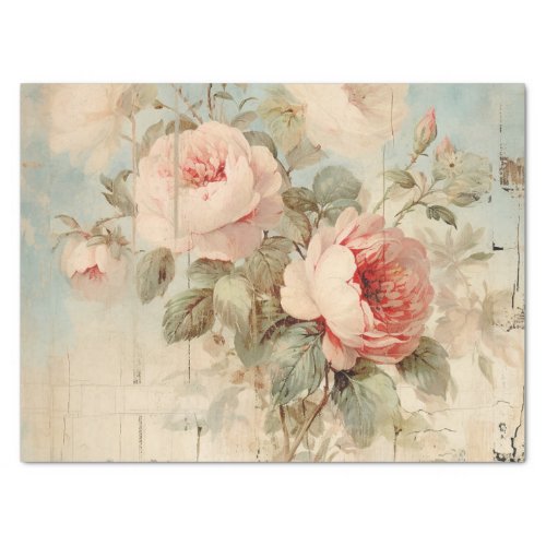 Shabby Chic Vintage Distressed Wood Blush Roses Tissue Paper