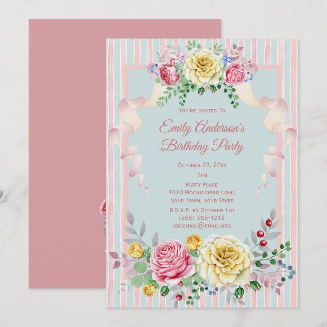 Shabby Chic Vintage Floral Birthday Invitation (Front/Back)