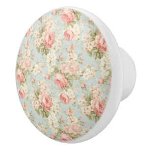 Shabby Chic Vintage Floral Victorian Pink Roses Ceramic Knob