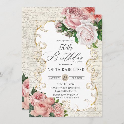 Shabby Chic Vintage French Roses Birthday ANY AGE Invitation